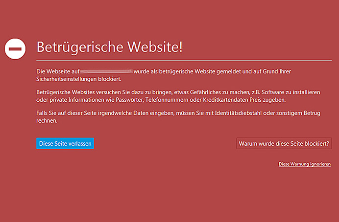 Betrügerische Website. Firefox Meldung