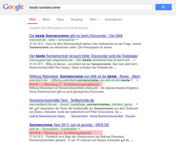 Bewertungenssternchen in Googles SERPs