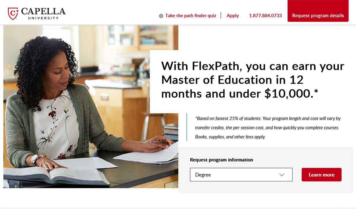 Capella University Landing Page ohne Navigation