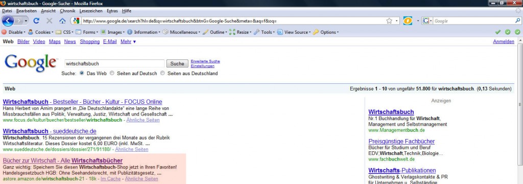 Google. Suchanfrage: Wirtschaftsbuch
