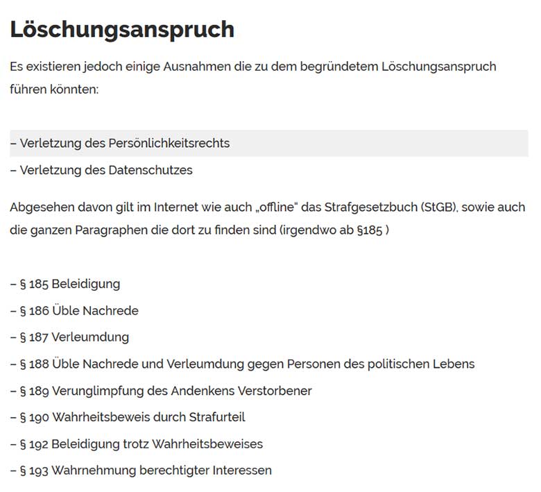 Löschungsanspruch Paragraphen