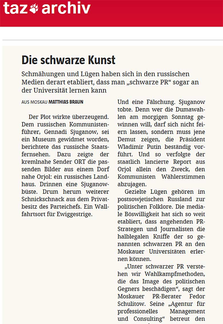 TAZ Screenshot. Schwarze PR an der Uni lernen