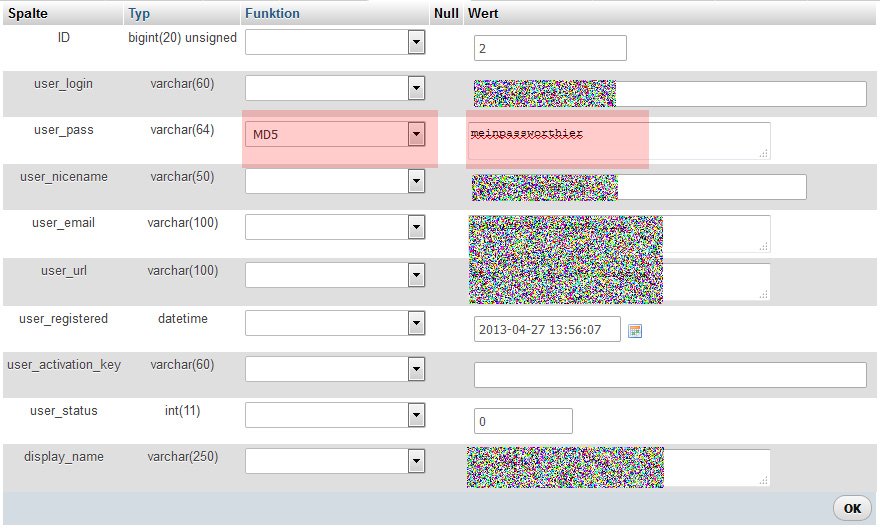 WordPress Passwort in der Datenbank überschreiben
