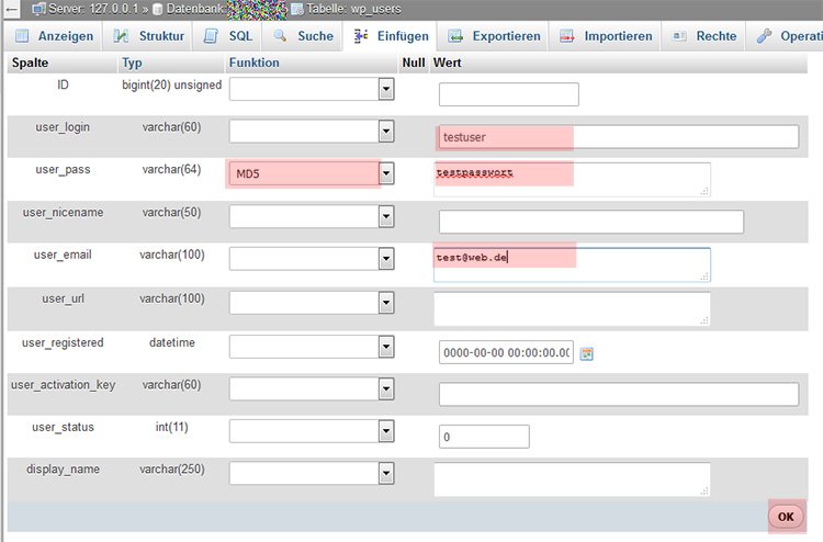 WP User in der Datenbank erstellen Schritt 2