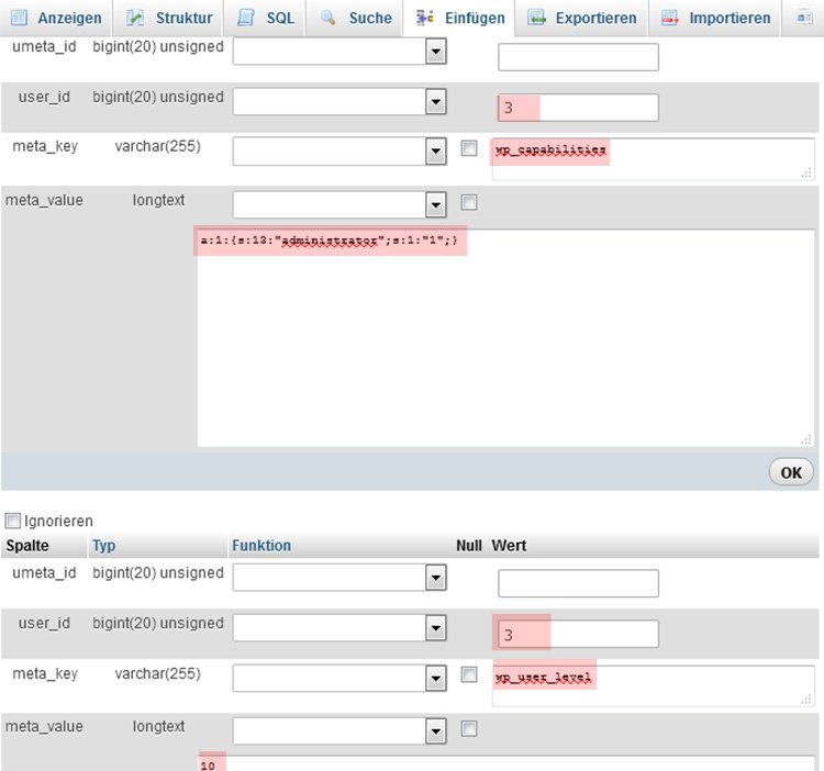 WP User in der Datenbank erstellen Schritt 4